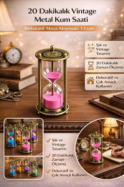 20 Dakikalık Vintage Metal Kum Saati Dekoratif Masa Aksesuarı 13 cm
