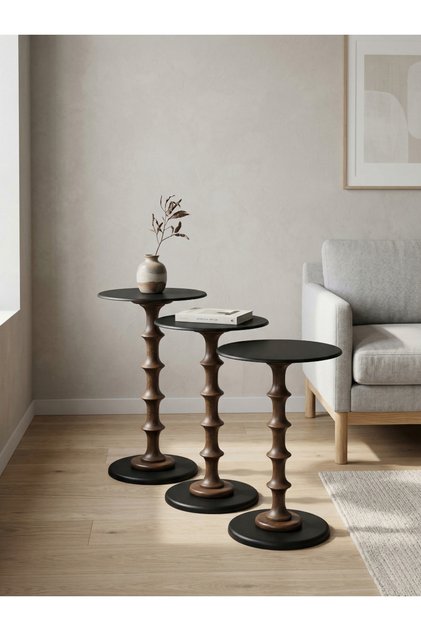 3’lü Ahşap Metal Zigon Sehpa Seti 50-55-60 cm Siyah Tabla Naturel Ceviz Ayak Modern