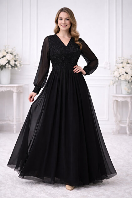 IŞILTI Women's V-Neck Long Sleeve Embroidered Elegant Silhouette Special  Design Black Special Occasion Evening Dress- Trendyol