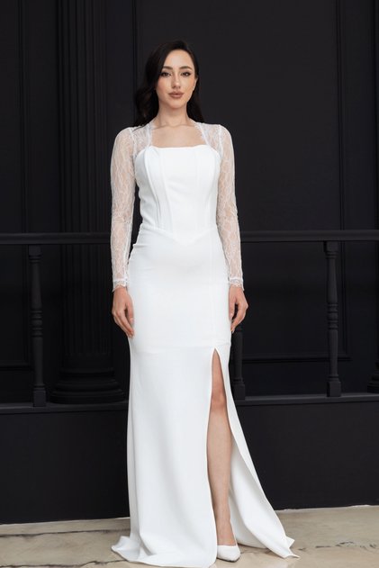 Atlas Long Evening Dress with Lace Detail and Corset - White