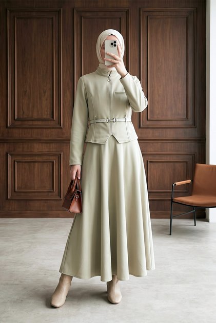Zippered Belted Diagonal Skirt Top and Bottom Set - Stone