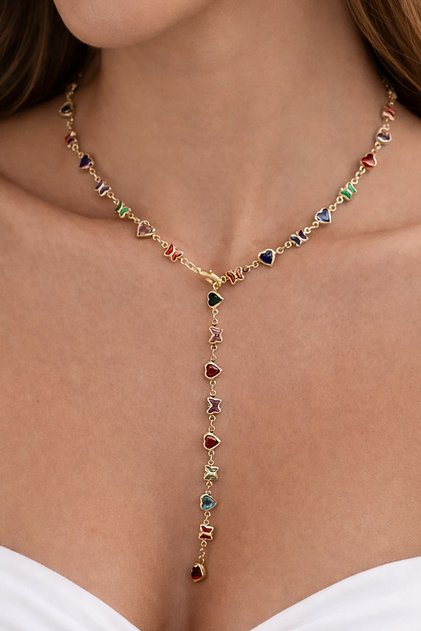 RENKLİ KALPLİ Y MODEL YENİ SEZON KOLYE