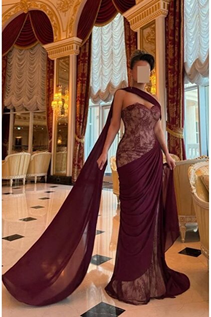 TOP BERLANTY "Royal Maroon" Evening Dress with French Lace and Turkish  Design- Trendyol
