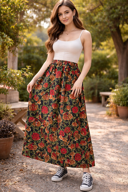 Elastic Waist Pocket Vibrant Floral Flannel Dividin Maxi Length Long Skirt 95cm 38Size100 kg
