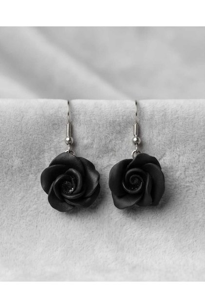 Black Rose Polymer Clay & Epoxy Handmade Earrings (Stainless Steel Hardware)