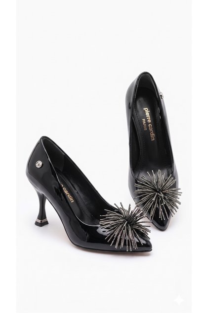 Women's Black Leather Stylish Design Heeled Shoes with Stone Accessories Pc-55199