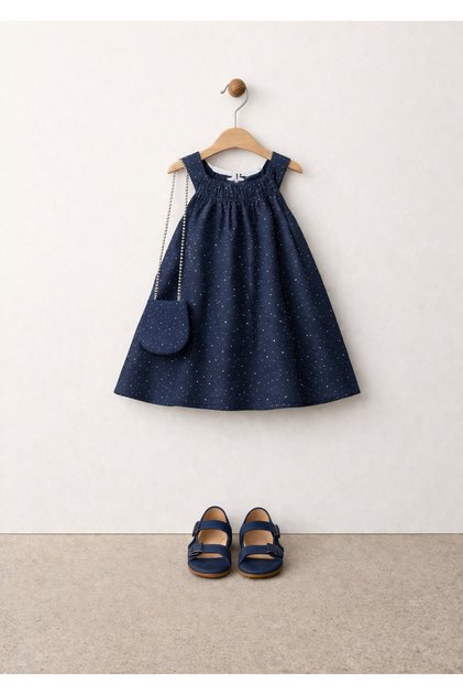 Girl's Textured Strap Dress with Gathered Collar, Pearl Chain Bag, Wedding, Holiday, Special Occasions