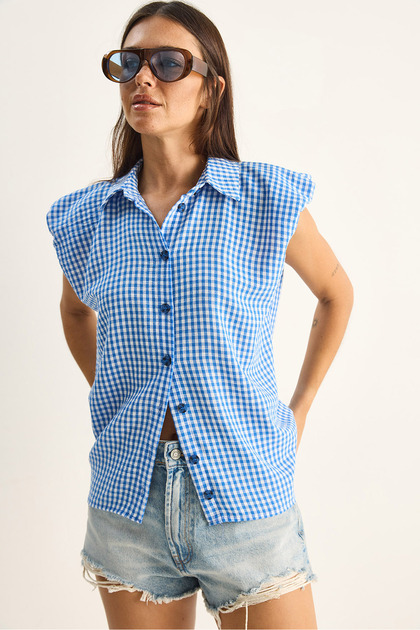 Women's Blue 100% Cotton Gingham Patterned Summer Shirt 20218 60286175