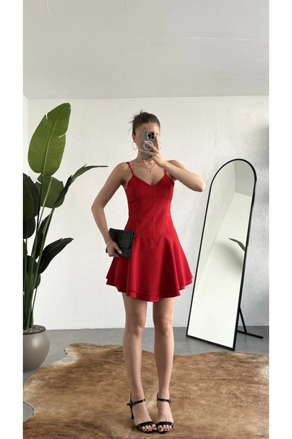 Women's Red Strap Mini Dress with Shorts – V-Neck, Corset Shape, Flared Skirt, Summer & Special Occasion Dress