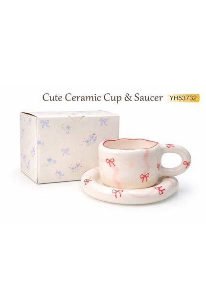 Cute Red Stripes Design Ceramic Cup and Saucer Set