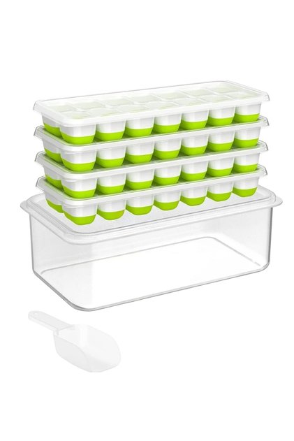 Set de 4 forme pentru cuburi de gheață, un recipient de depozitare și o lingură pentru cuburi de gheață, AcrossSea, din silicon, alb/verde