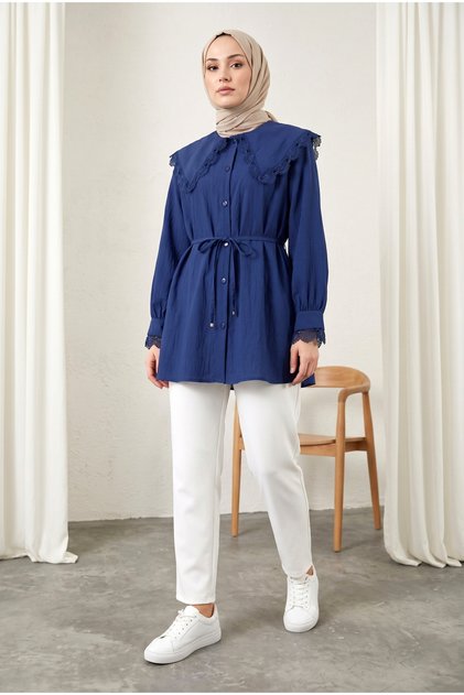 Baby Collar Scalloped Modal Tunic - Navy Blue - Navy