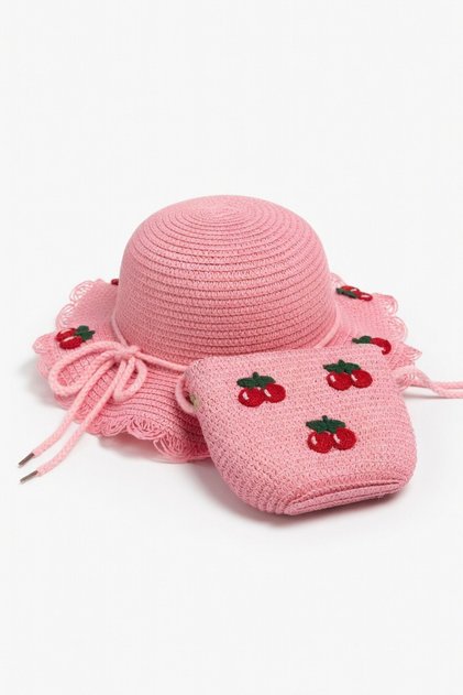 Girl's Cherry Figured Gift Pink Straw Hat and Bag Set | Suit for Summer Beach