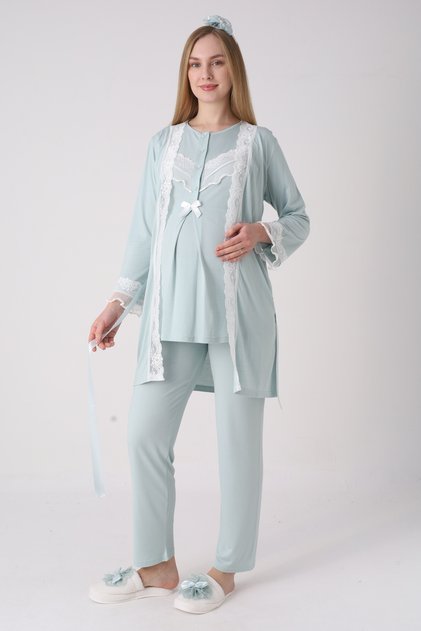 Maternity Pajama Dressing Gown Set Lace Ruffled Buttoned Breastfeeding Cotton 3-Piece Maternity Set