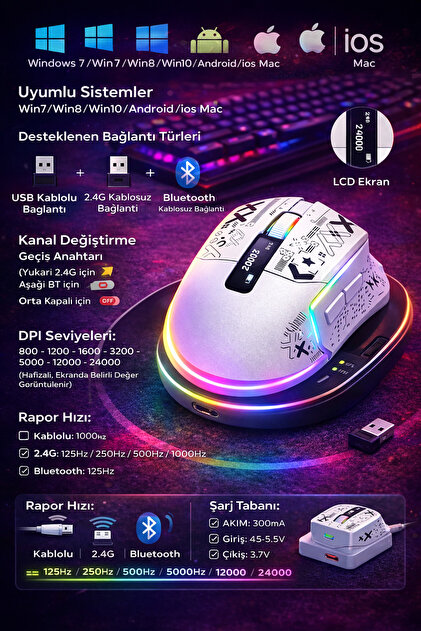 XİRA 24000 DPI RGB Gaming Mouse | Kablosuz + Bluetooth + Kablolu
