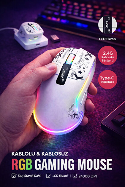 XİRA 24000 DPI RGB Gaming Mouse | Kablosuz + Bluetooth + Kablolu