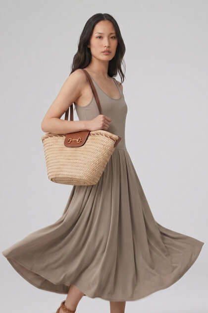 SMILE Minerva Beige Flowy Form Midi Dress- Trendyol