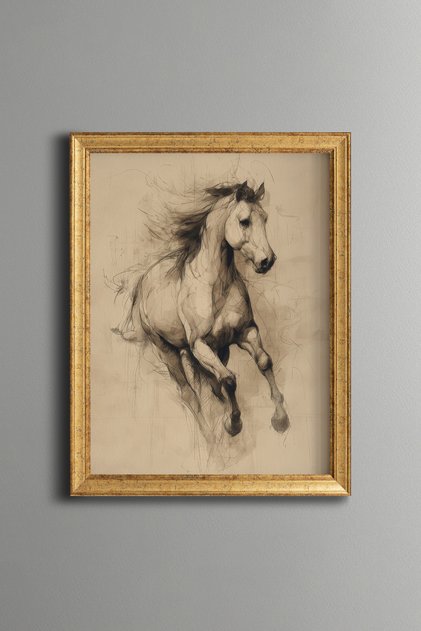 Running Horse Sketch Drawing - Vintage Patterned Frame - Fine Model