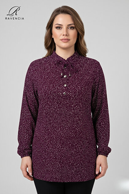 Women's Burgundy Plus Size Geometric Flare Patterned Judge Collar Lace-Up Buttoned Hijab Tunic