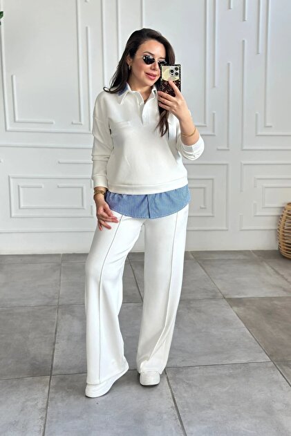 Polo Collar Striped Shirt Detailed Set