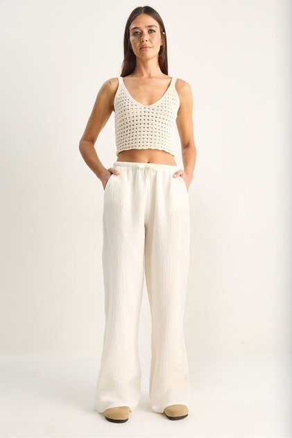 Women's Cream Lace-Up Elastic Waist Muslin Wide Leg Trousers Yp5502 60286190