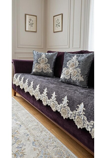 DECORA CASA HOME COLLECTİON Kaymaz Taban Fransız Dantelli Kadife