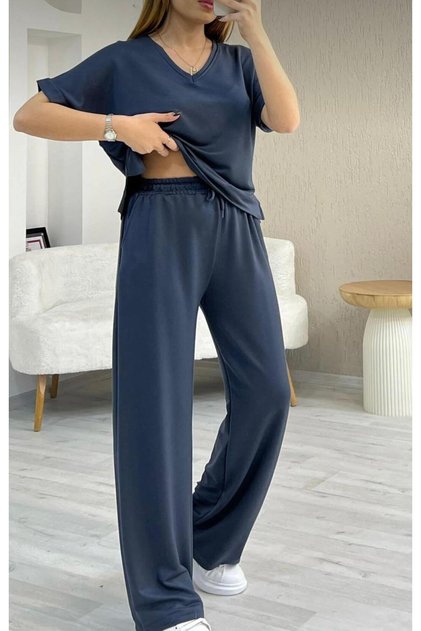 Crystal Fabric V-Neck Slit Detailed Women's Two-Piece Set