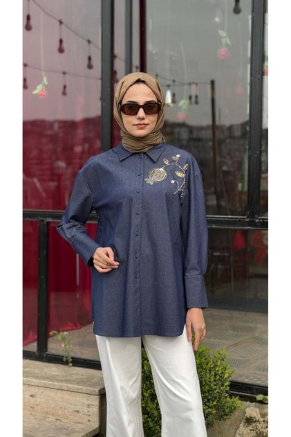 Oversize Kot Denim İşlemeli Gömlek 26ss1033