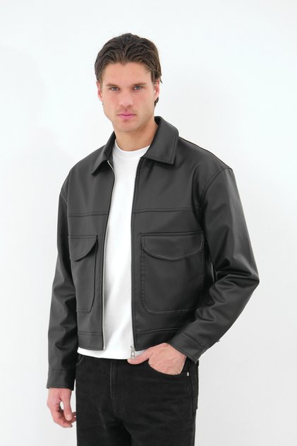 Men's Black High Quality Pocket Detail Modern Cut Stylish Leather Jacket