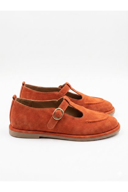 Genuine Leather Orange Suede Mary Jane Women's Shoes with Buckle, Comfortable Ballet Flats, Daily Stylish, Lightweight and Comfortable
