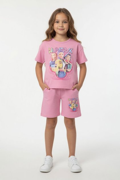 Light Pink Girls Printed T-Shirt and Shorts 2-Piece Set 23908