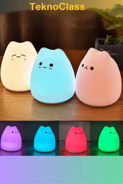 Kedi Şekilli Dokunmatik RGB Gece Lambası- Silikon Şarjlı LED Işık Çocuk Odası Süsü Lambası
