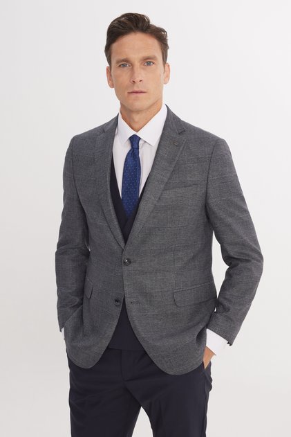 Men's Dark Navy Blue-White Slim Fit Mono Collar Checkered Vest Suit with Flap Pockets