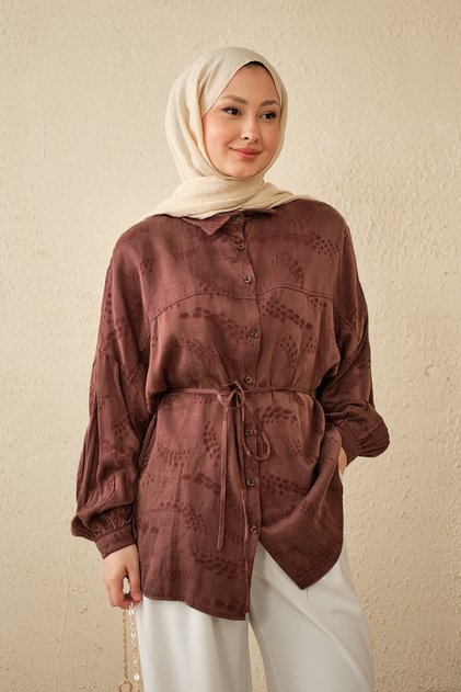 Women's Speckled Patterned Satin Waist-Tie Shirt Brown