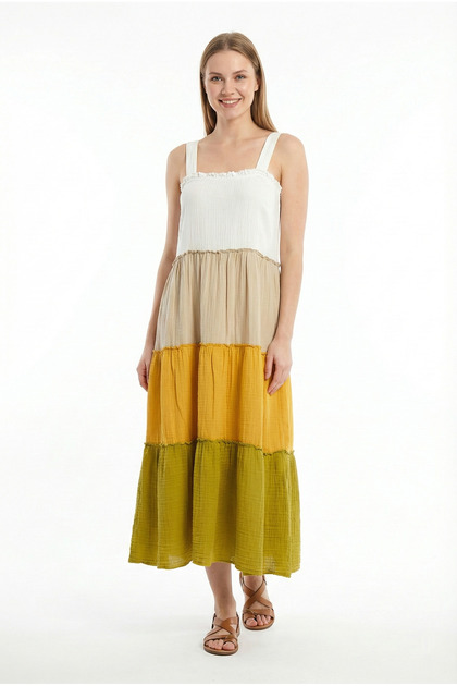Strappy Square Neck Maria Color Block Summer Muslin Long Dress Oil Green Ygysl