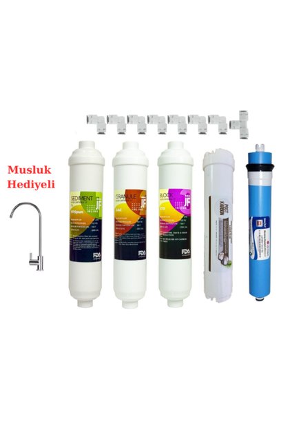 Musluk Hediyeli 5 Aşamalı Su Arıtma Cihazı Filtre Seti Inline Filtre+ RO Membran + Post Karbon Kapalı Kasa Uyumlu Tam Set