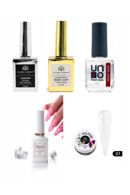 Kalıcı Oje Set 2 ( Top + Base Coat 15ml+ Primer 12ml) + Blooming Jel 15ml + Hamur Jeli 15ml Clear