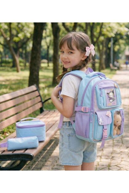 Plush Toy Detailed 3-Piece Primary School Set - Multi-Compartment S Water-Repellent Iz Children's School Set Bag Lilac