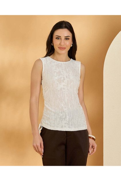 Women Ivory Textured Sleeveless Top With Side Tie