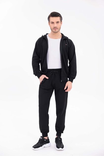 Black Modern Comfort Hooded Zip-Up Top and Jogger Bottom Tracksuit Set