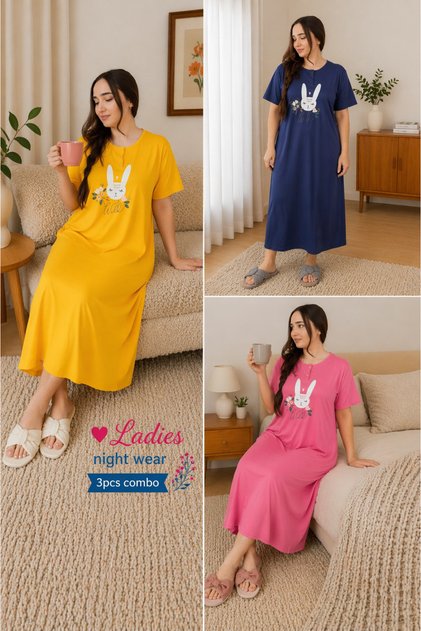Graphic Print Nightwear Maxi Dress 3 Pcs Combo Set, Blue, Pink, Yellow