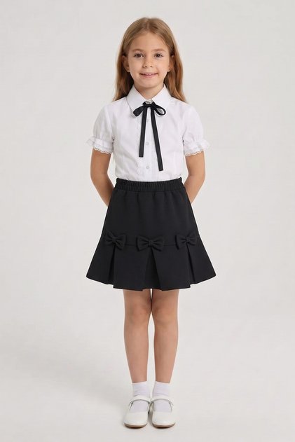 Girl's Black Bow Lace Embroidered Shirt Black Ribbon Skirt Set 23 April