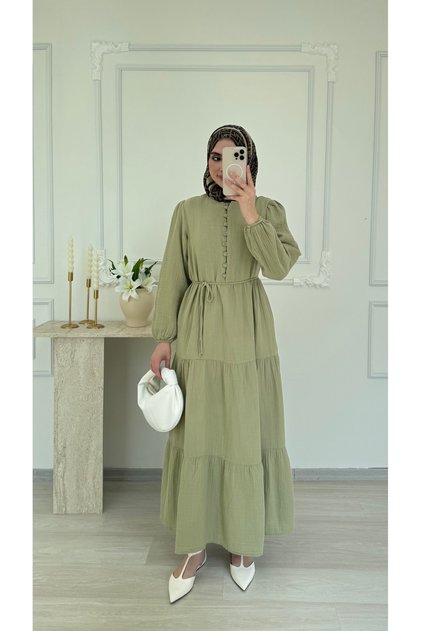 Molly Nelly Women's Button Detailed Long Muslin Dress