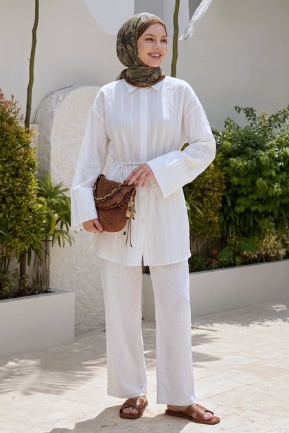 Wide Sleeve Glitter Belted White Shirt