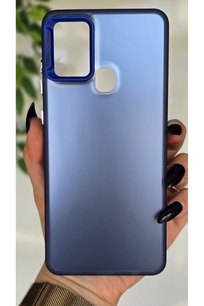 Samsung Galaxy A21S Compatible Blue Color Gradient Matte Silicone Case with Camera Frame Luxury Electroplated