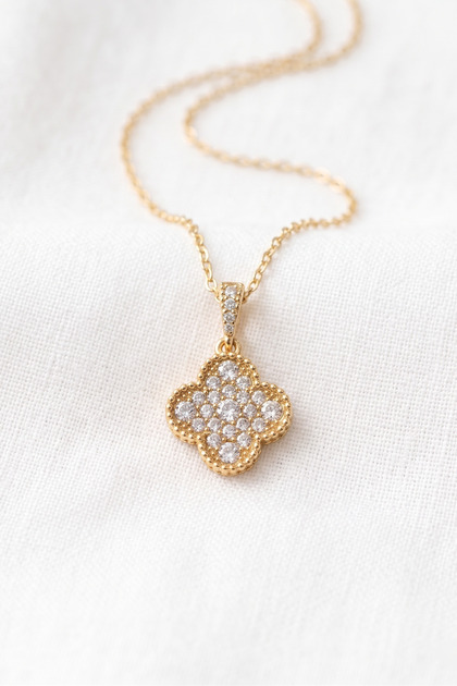 Yonca Model Zircon Stone Gold Color Stainless Steel Women's Necklace - 1.5 cm Pendant