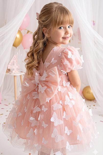 ALYRA Girl's 3D Butterfly Tulle Princess Dress V-Neck Bow Birthday 1-5  Years- Trendyol