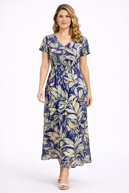 Women's Plus Size Navy Blue, Gipe Rubber Detail, Viscose Fabric Dress 65N39468
