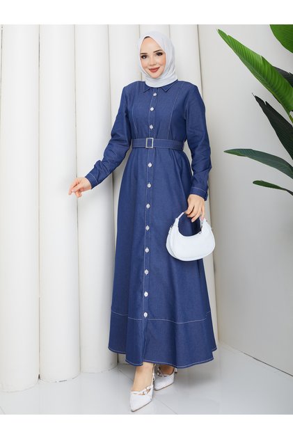 Button Detailed Denim Jeans Hijab Dress Rc6037