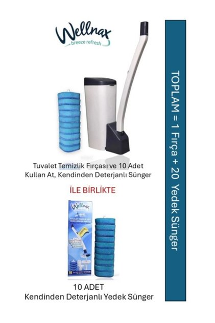 Süngerli Tuvalet Temizlik Seti (1 Adet) + Kendinden Deterjanlı 10'lu Yedek Sünger (1 Adet)